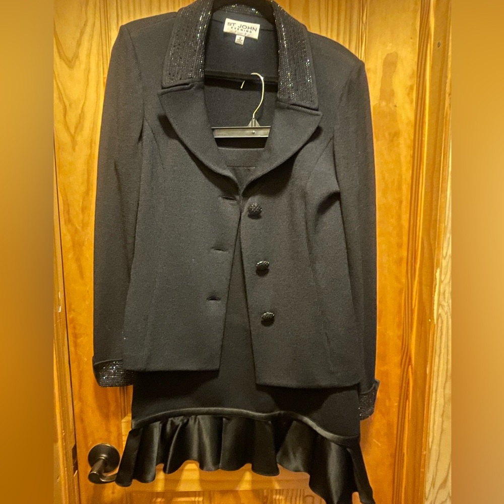 St. John Evening 2pc Black Knit Suit w/rhinestone trim